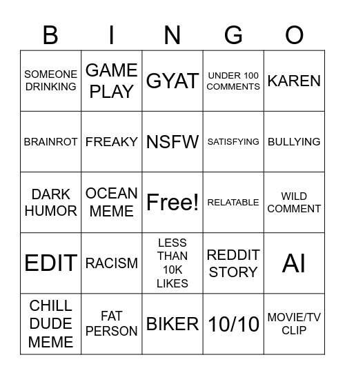 IG REELS Bingo Card