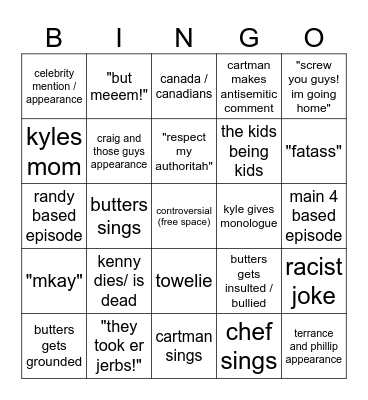 south park bingo Card
