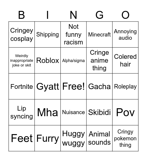 Cringe Bingo Card