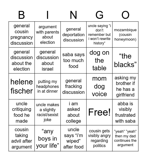 thanksgiving bingo Card