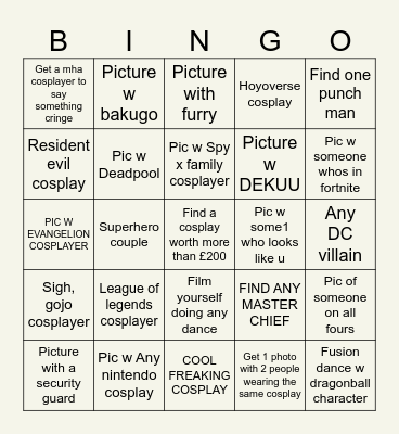 Comic con! Bingo Card