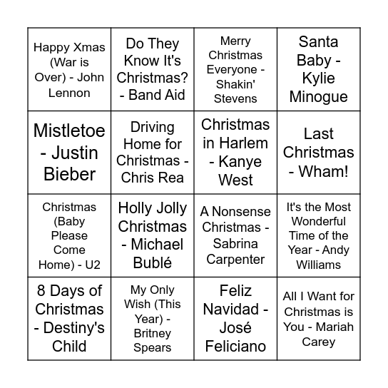 Christmas Music Bingo Card