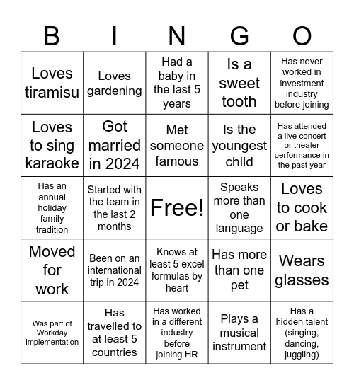 HR Holiday "Get to know me" Bingo Card