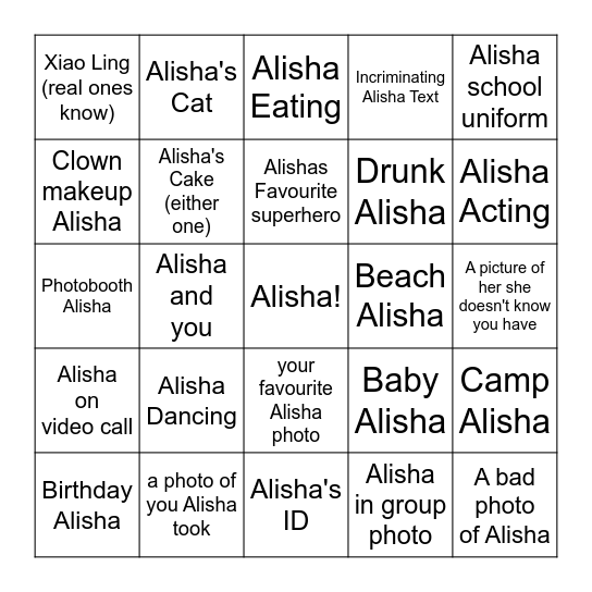 Alisha Picture Bingo Card