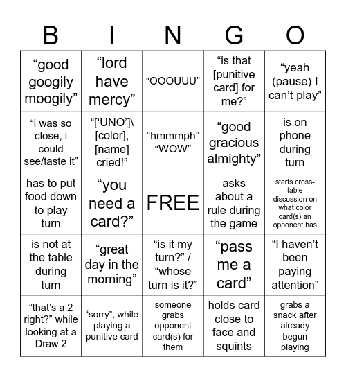 UNO X Bingo Card