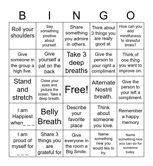 Mindfulness Bingo Card