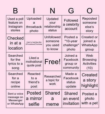 Social Media & Browser Activities Bingo Card