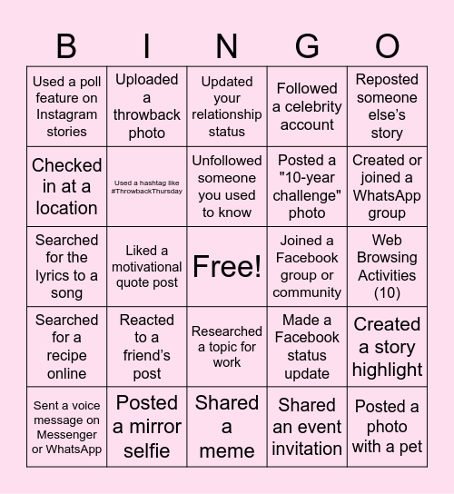 Social Media & Browser Activities Bingo Card