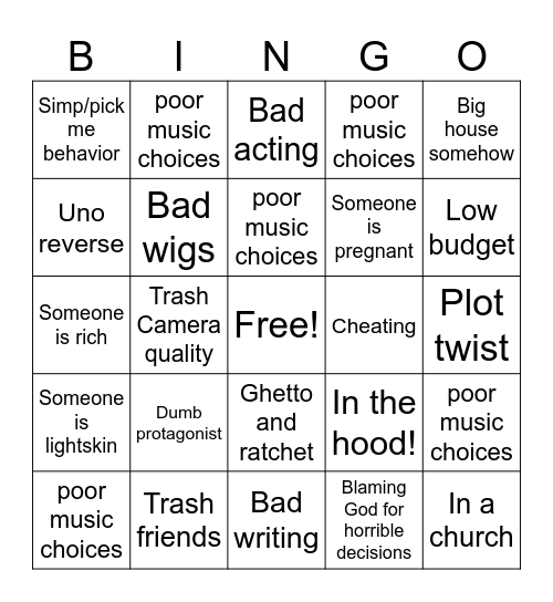 Tubi movies Bingo Card