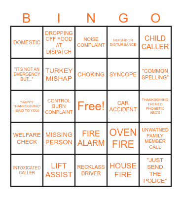 THANKSGIVING 911 BINGO Card