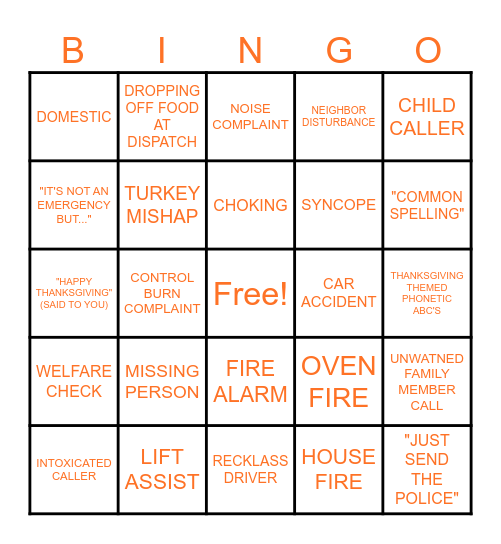 THANKSGIVING 911 BINGO Card