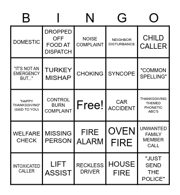 THANKSGIVING 911 BINGO Card