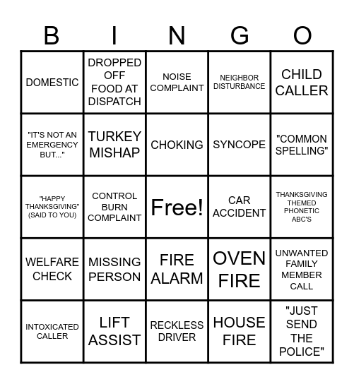 THANKSGIVING 911 BINGO Card