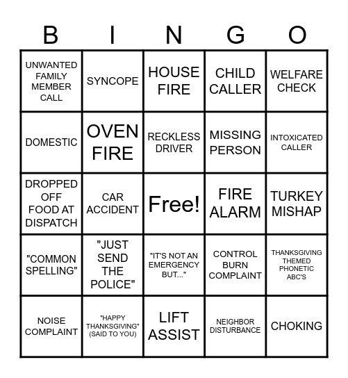 THANKSGIVING 911 BINGO Card