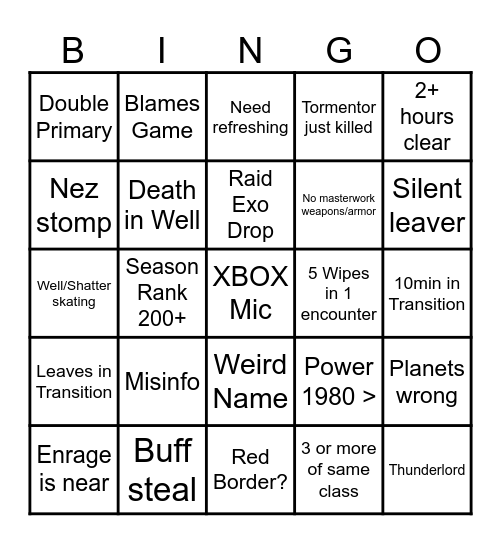 Destiny Fun Night Bingo Card