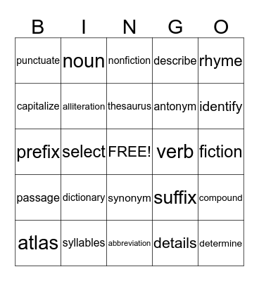 Language Arts Test Words Bingo Card
