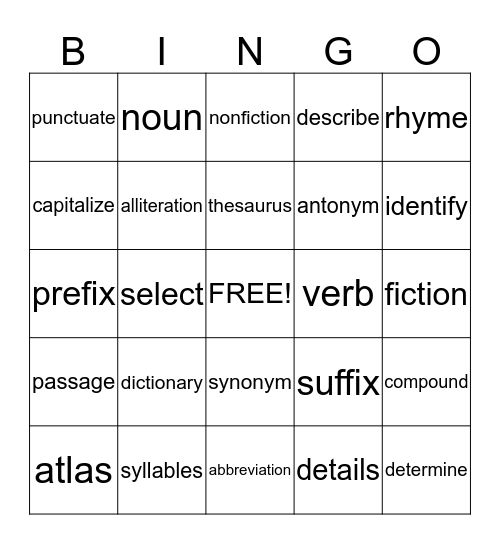 Language Arts Test Words Bingo Card