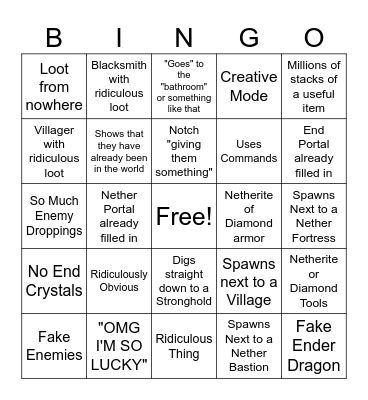 Minecraft Cheater Bingo Card