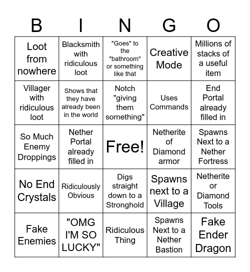 Minecraft Cheater Bingo Card