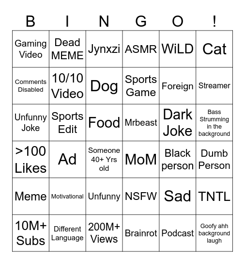 YT Shorts Bingo! Bingo Card