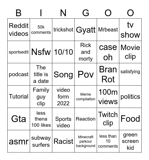 YouTube shorts Bingo Card