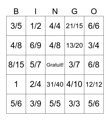 Additionner les fractions Bingo Card