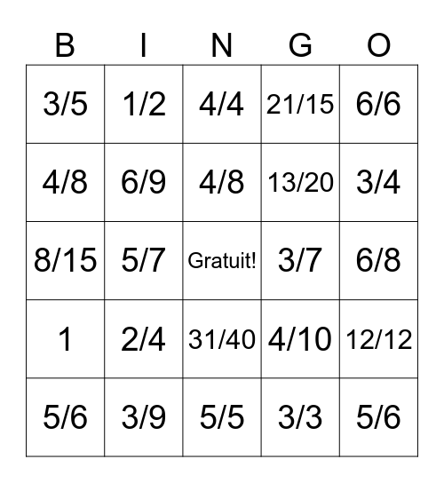 Additionner les fractions Bingo Card