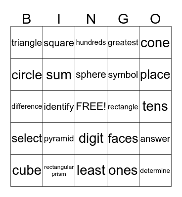 Math Test Words Bingo Card
