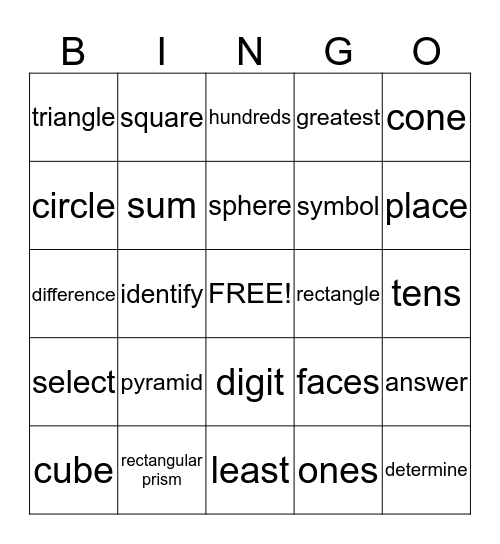 Math Test Words Bingo Card
