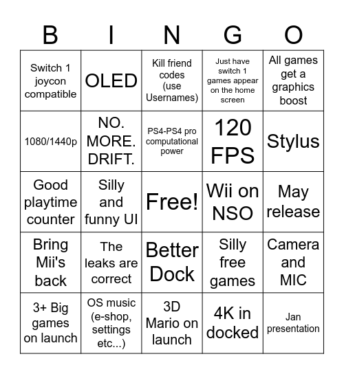 Switch 2 Bingo Card