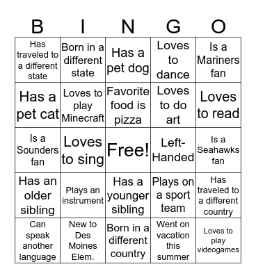 Welcome Back! Bingo Card
