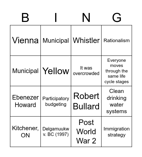 PLAN1001 Bingo Card