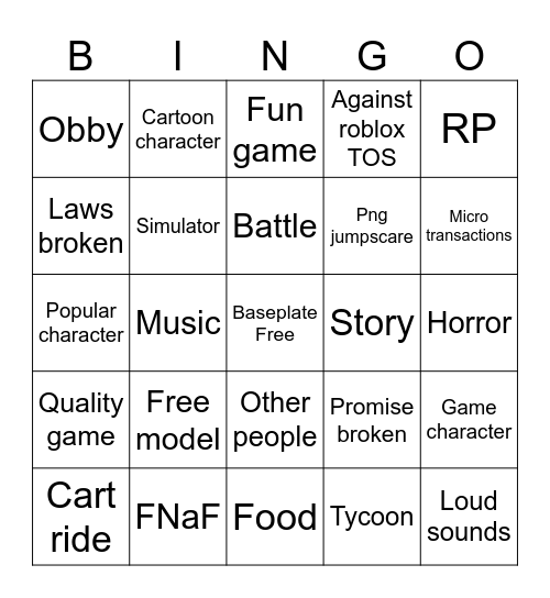 Roblos 2 Bingo Card