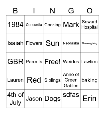 Erin's 40th Bingo Card