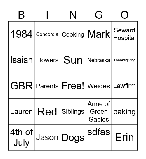 Erin's 40th Bingo Card