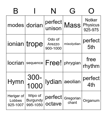 Early Medieval Music Bingo Card