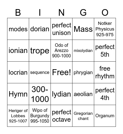 Early Medieval Music Bingo Card
