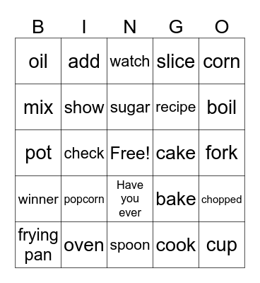 Cooking Bingo Card