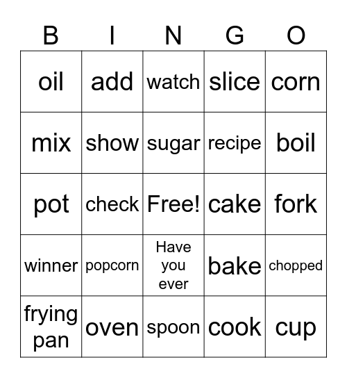 Cooking Bingo Card