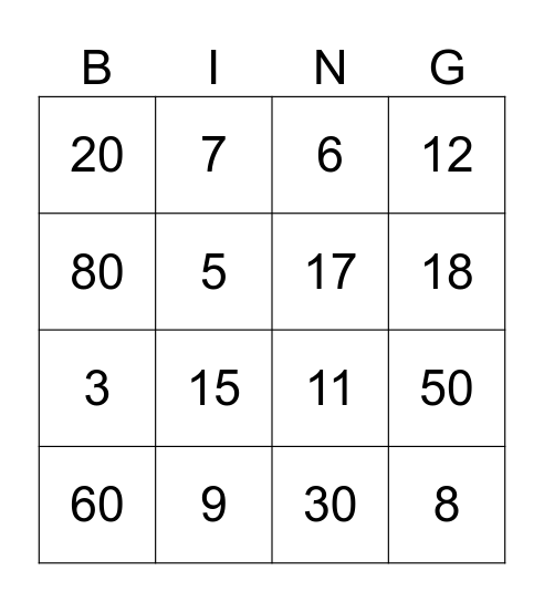 Number Bingo Card