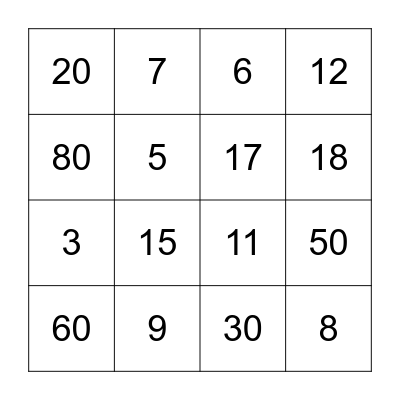 Number Bingo Card