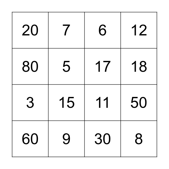 Number Bingo Card