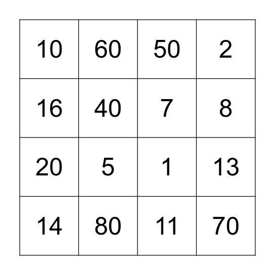 Number Bingo Card