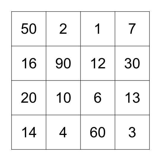 Number Bingo Card