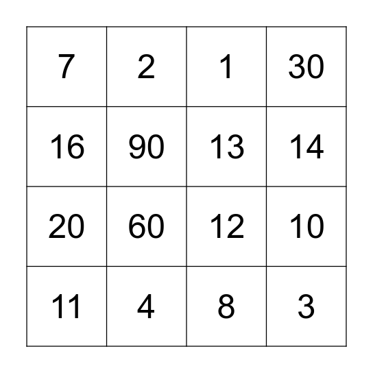Number Bingo Card