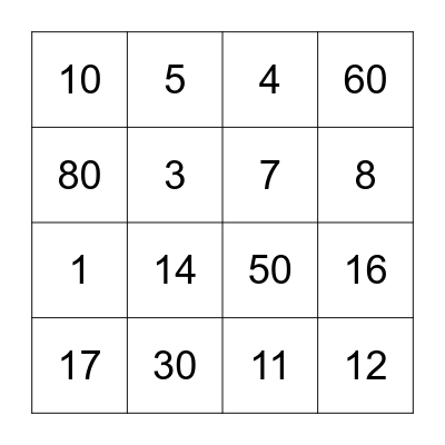 Number Bingo Card