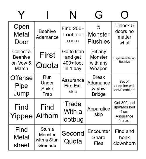 Lethal Company Goal Bingo Card