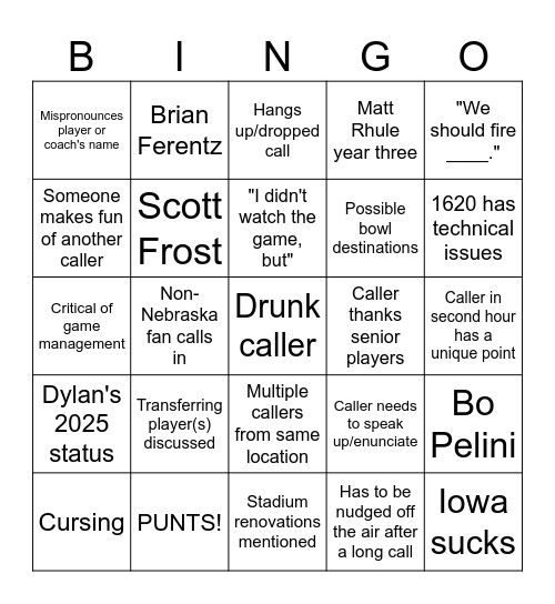 Iowa Big Red Overreaction Bingo Card