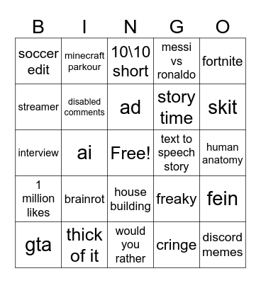 yt shorts bingo Card