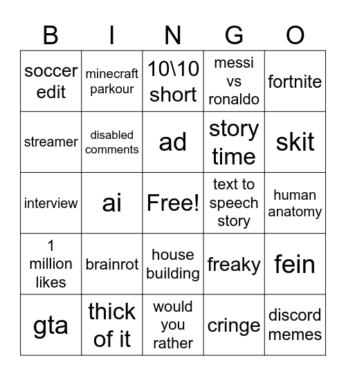 yt shorts bingo Card